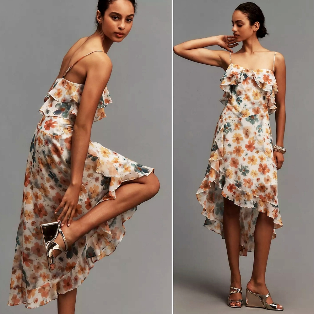 Anthropologie Sleeveless Asymmetric Ruffled Midi Dress in Floral Print